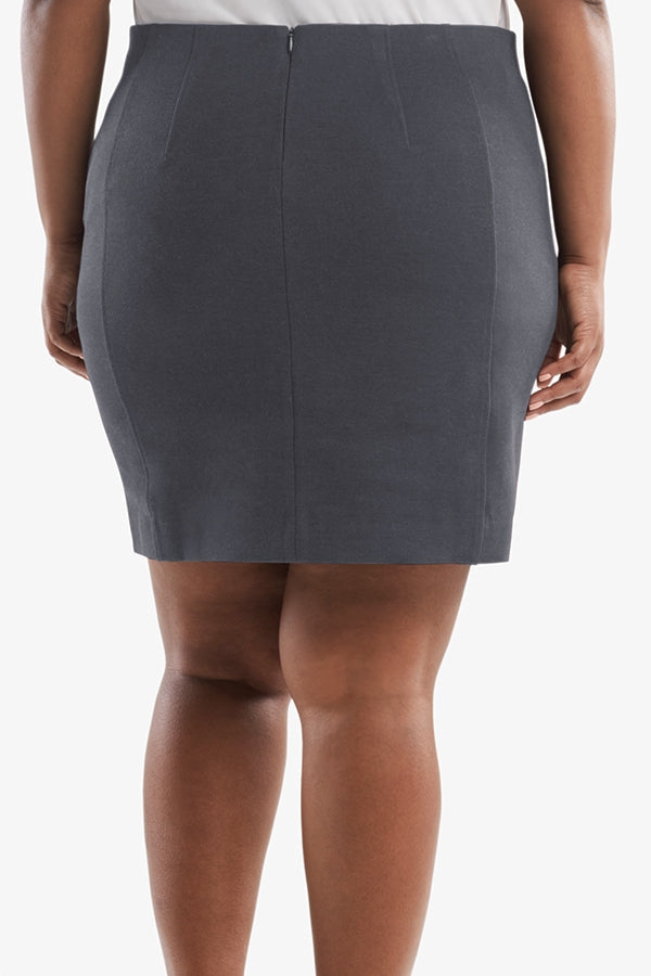Back image of a woman standing wearing the Crosby skirt textured ponte in Charcoal | Plus Hover | Exclude