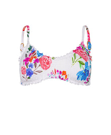 Florencia Smocked Lettuce Edge Bralette Top featuring a scoop neckline, vibrant floral smocked fabric
