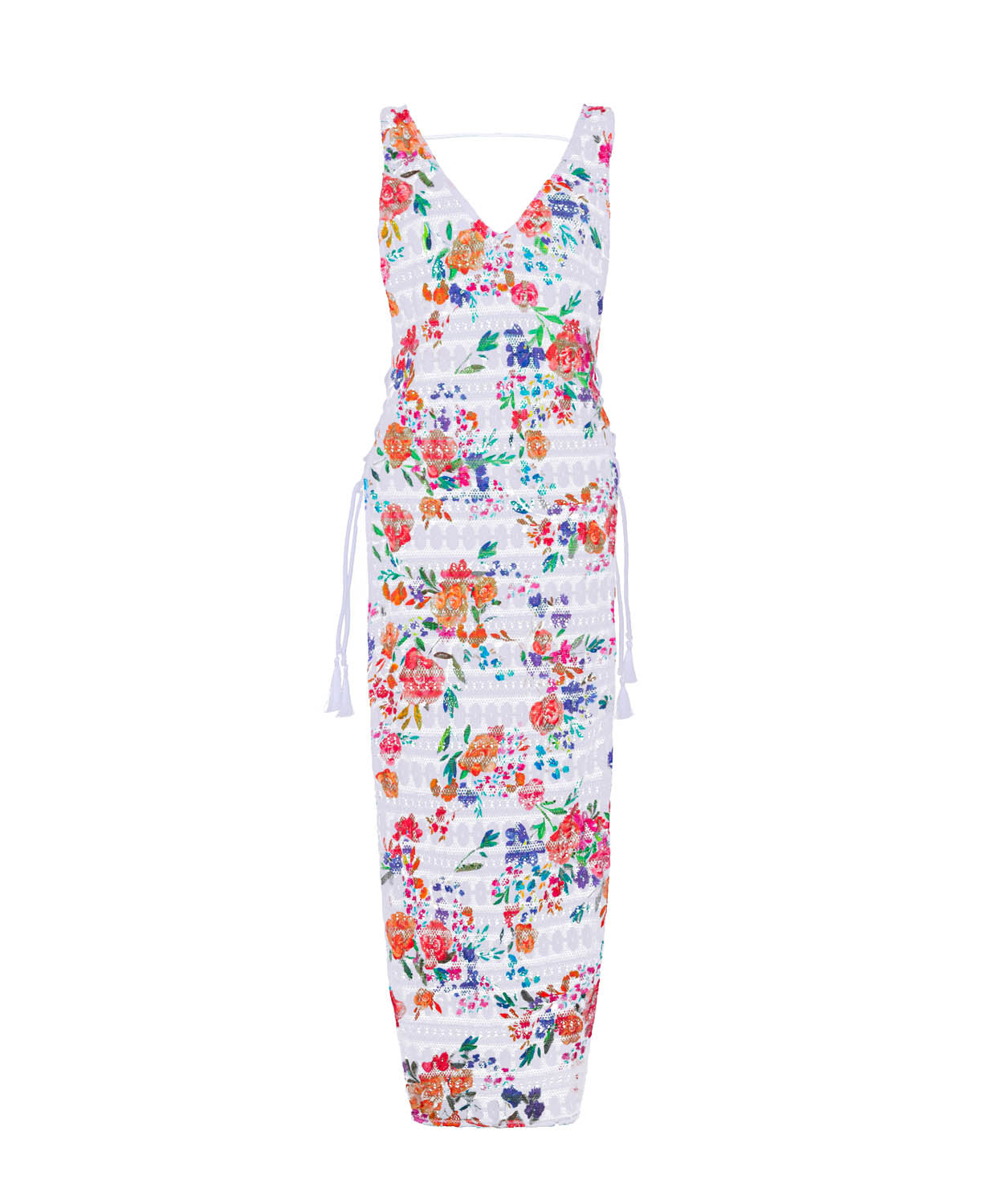 Florencia Joy Lace Cover-Up in white with vibrant, colorful floral patterns