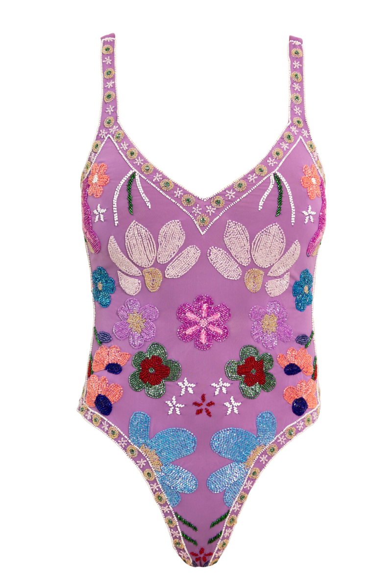 Flower Hand - Beaded Embellished One - Piece Swimsuit - Purple - Self - Adore