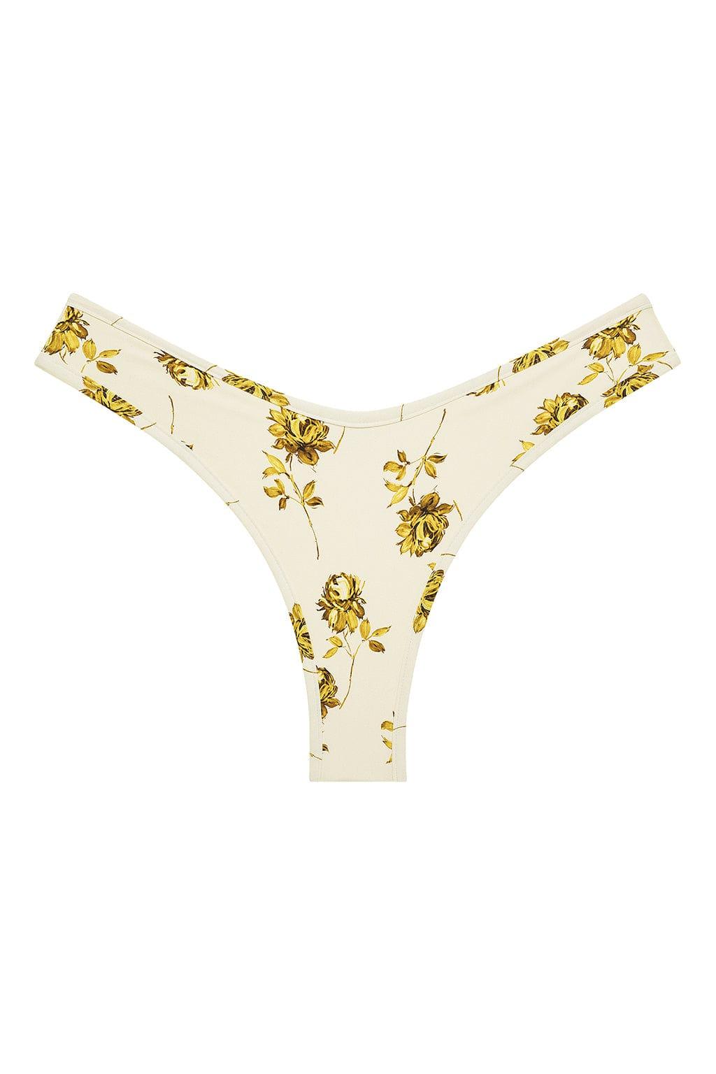 Cream bikini bottom with gold filigree floral print and wide side coverage.