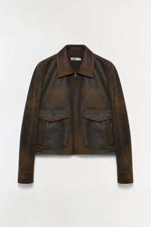 Distressed brown leather jacket with spread collar, front zip closure, and two chest patch pockets.