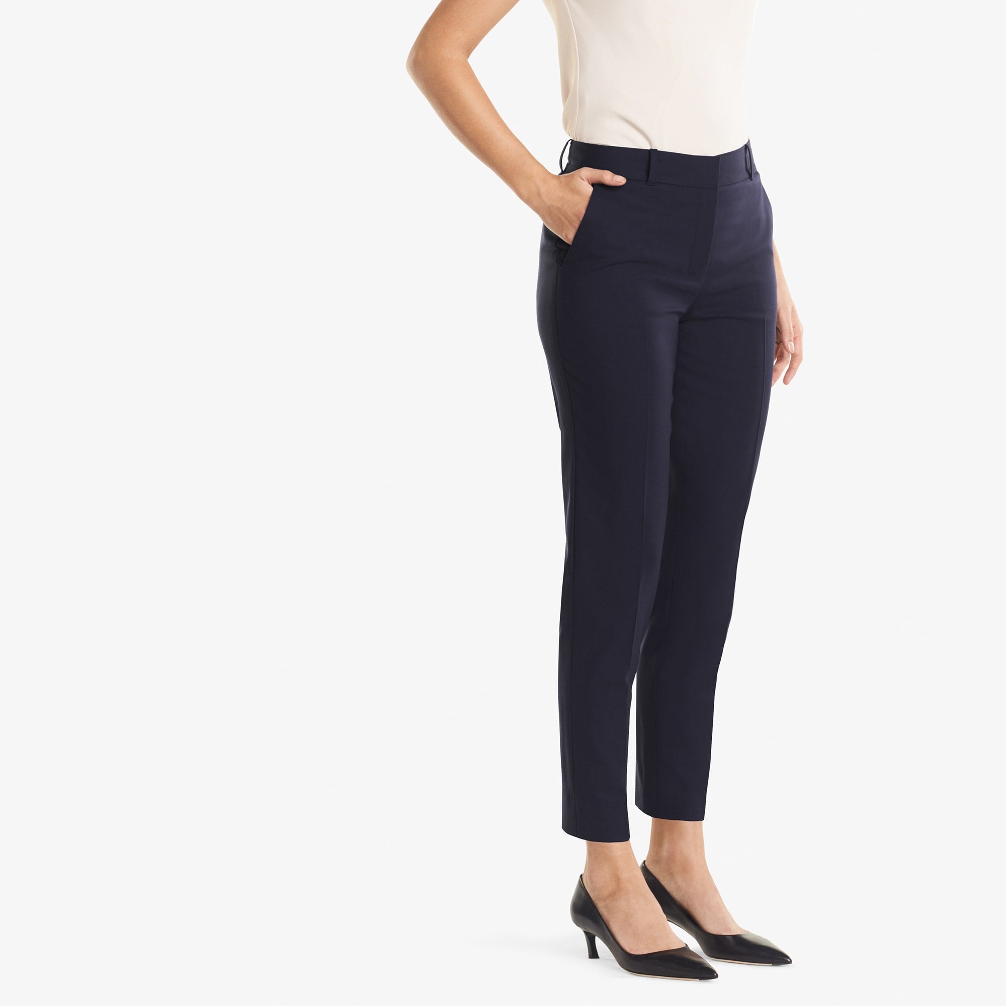 Side image of a woman standing wearing the Mejia pant in Galaxy Blue | Exclude