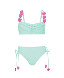 Kids Aqua Hearts Bikini with pink heart embroidery and adjustable tie straps, a playful aqua two-piece for sunny days.