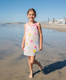 Kids Heart Olivia Cover Up — crochet knit dress with pastel rainbow hearts, light and playful for sunny adventures.