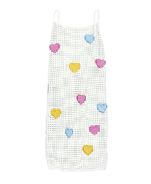 Kids Heart Olivia Cover Up — crochet knit dress with pastel rainbow hearts, light and playful for sunny adventures.