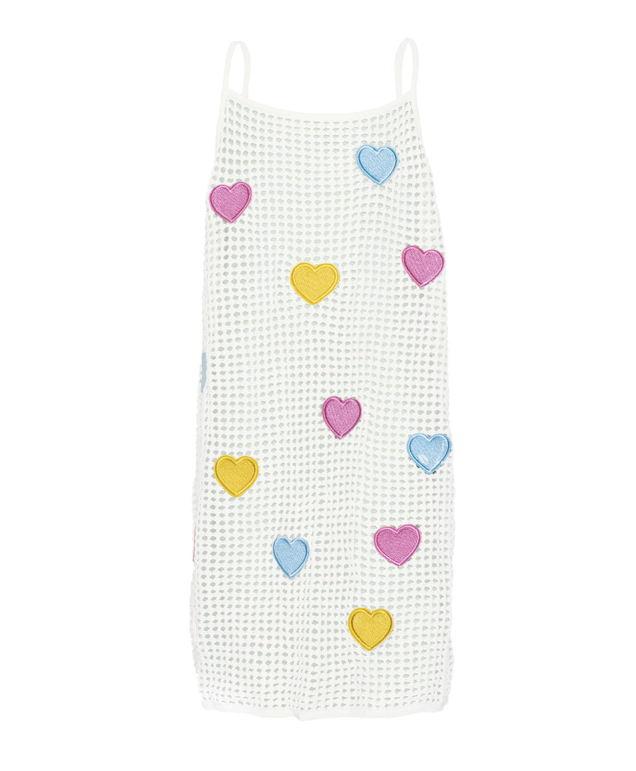 Kids Heart Olivia Cover Up — crochet knit dress with pastel rainbow hearts, light and playful for sunny adventures.
