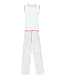 Kids White Chloe Set — a playful white crochet outfit with pink accents and a drawstring waist, perfect for sunny adventures.