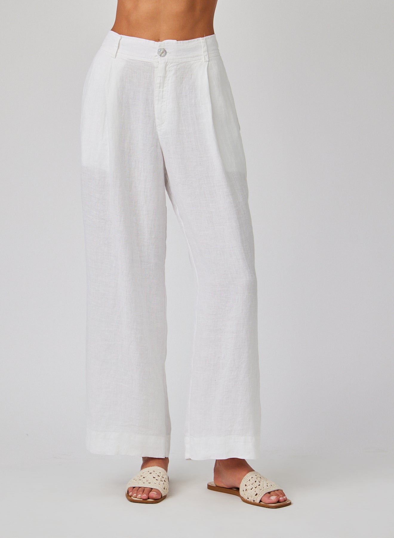 Linen Pleated Wide Leg Ankle Pant | White
