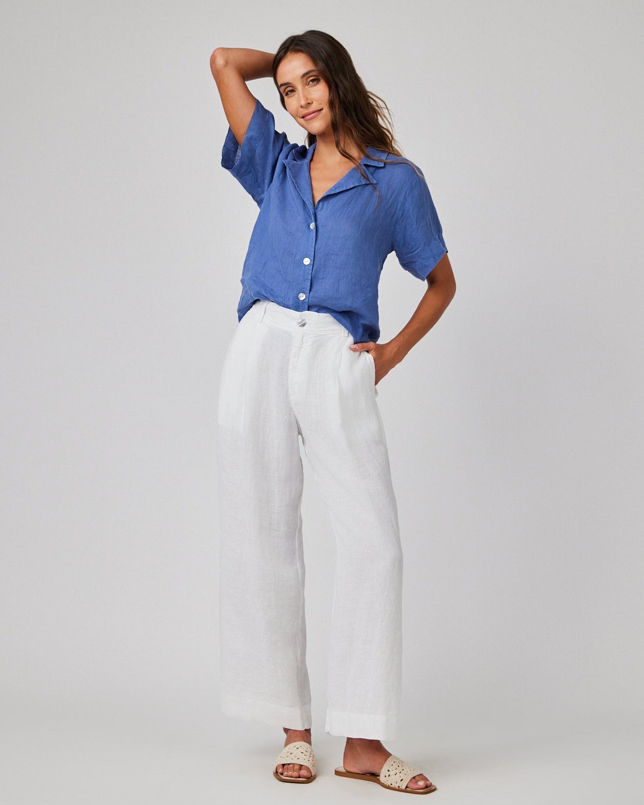 Linen Pleated Wide Leg Ankle Pant | White