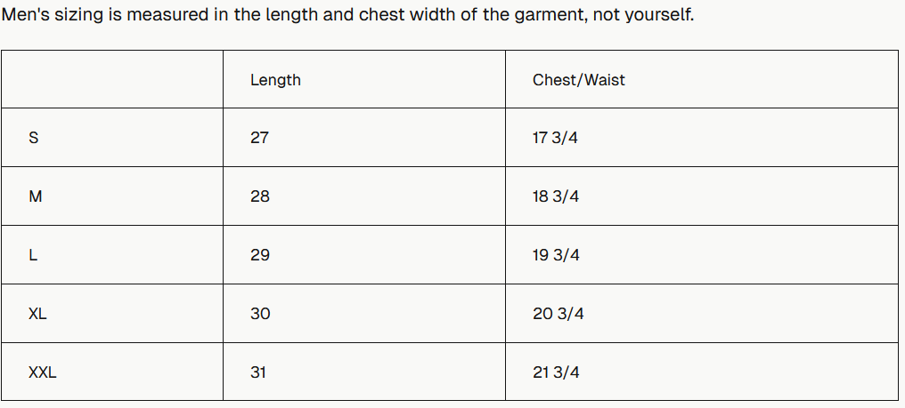 Product size guide