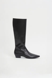 Black leather knee-high boot with chunky heel and pointed toe.