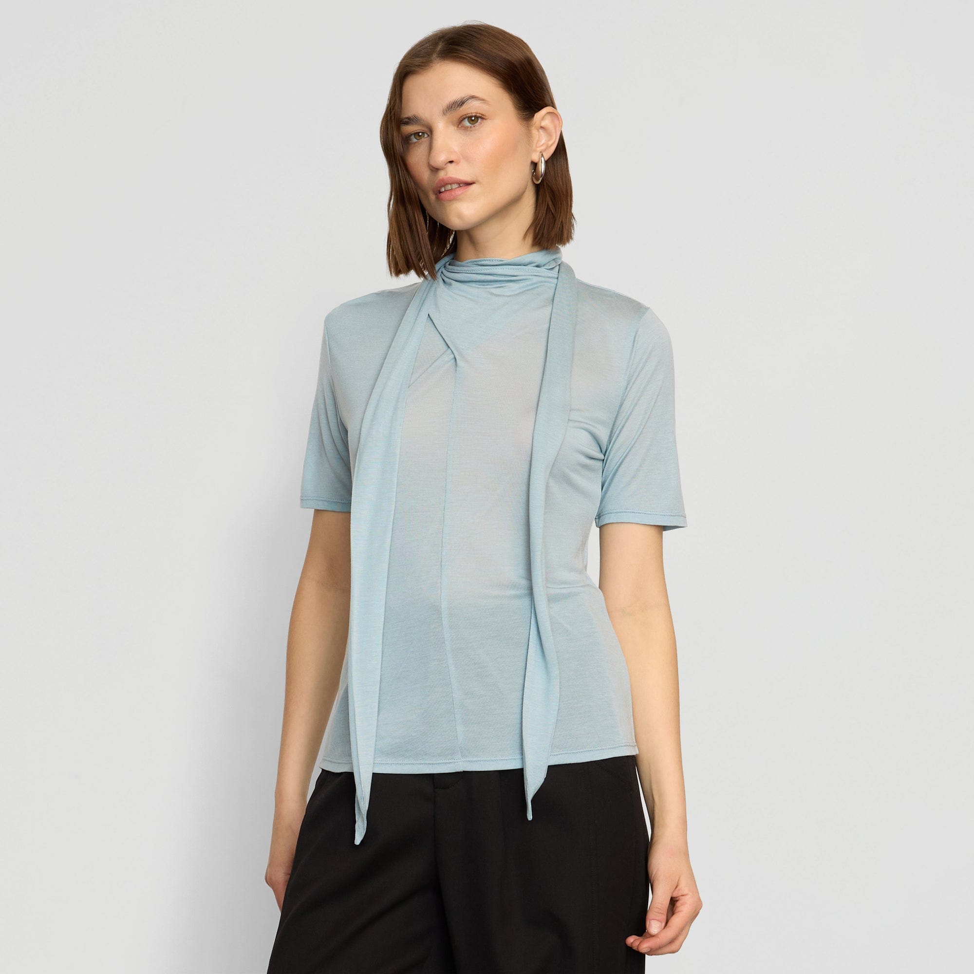 Lucine Scarf-Neck Semi-Sheer Tencel Tee | Sky Blue