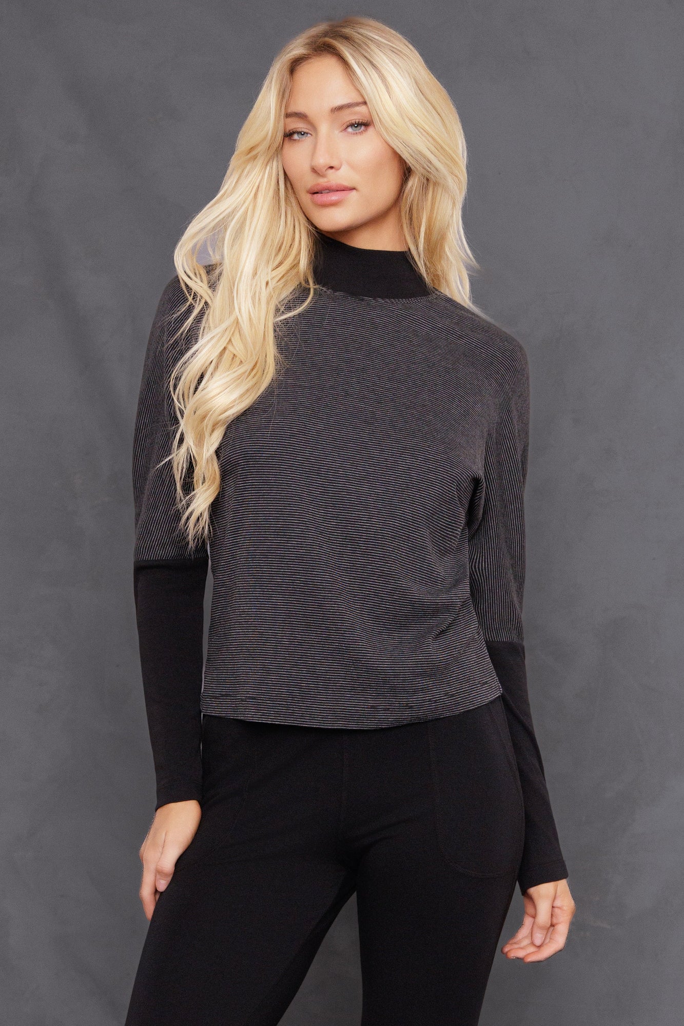 Women | Mini Stripe Mockneck Dolman Sleeve Tee | Black