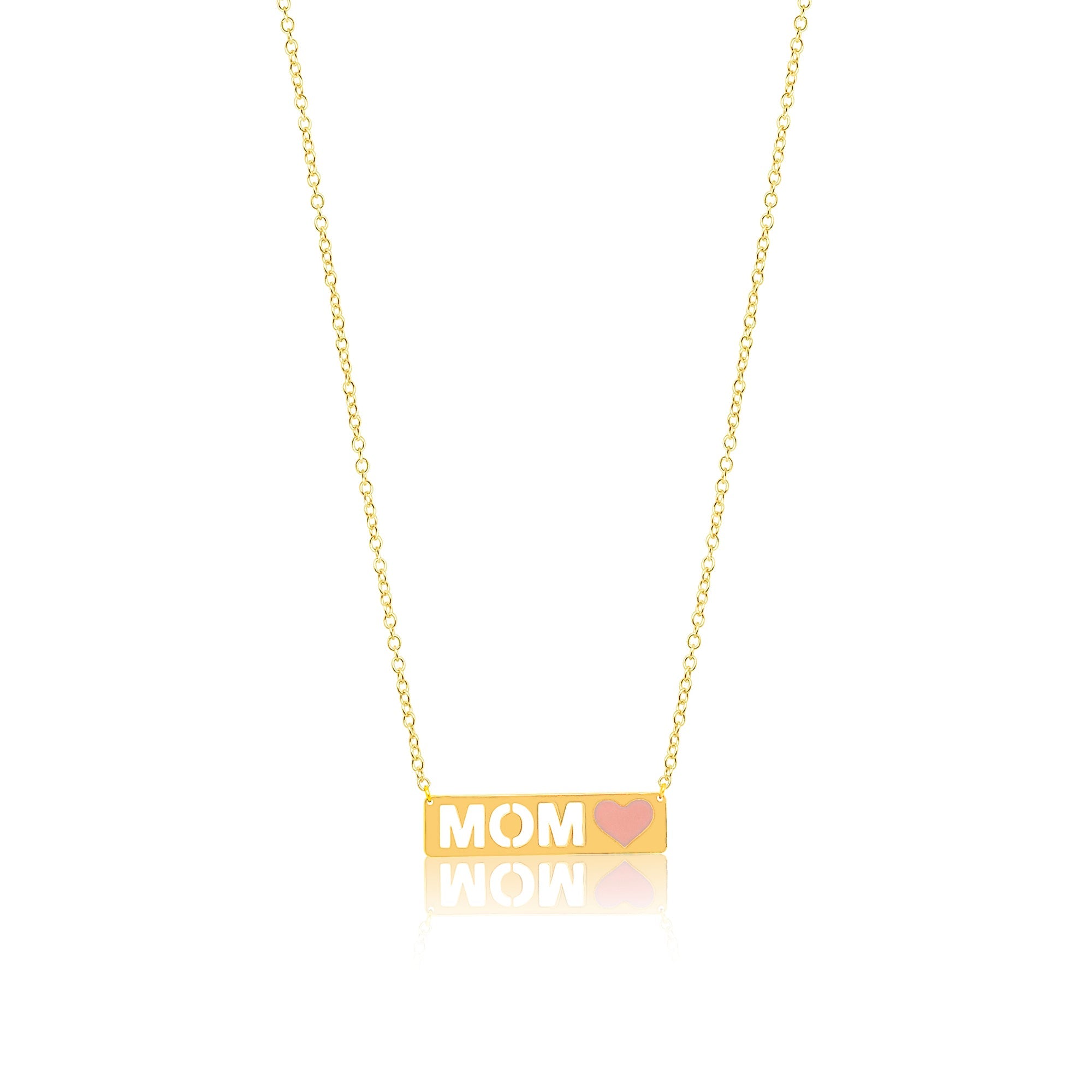 Yellow Gold Mom Pink Enamel Heart Plate Necklace | Yellow Gold