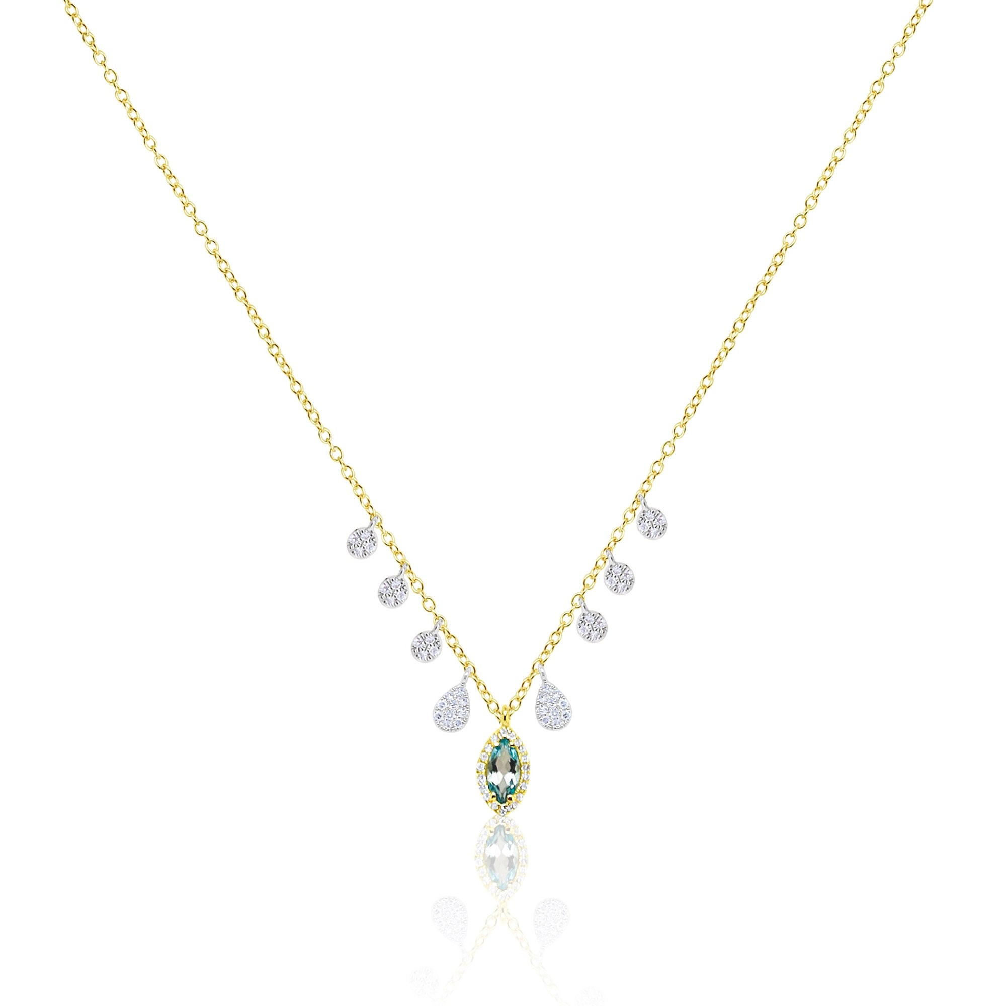 Dainty Blue Topaz And Diamond Charm Necklace | Yellow Gold
