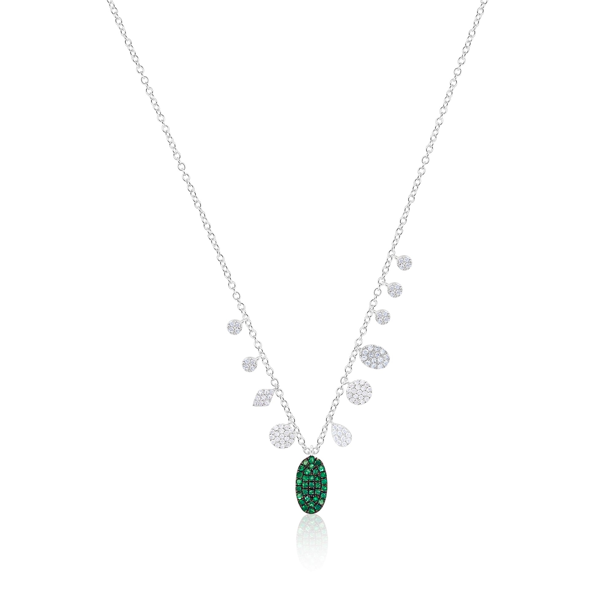 White Gold Emerald Diamond Charm Necklace | White Gold