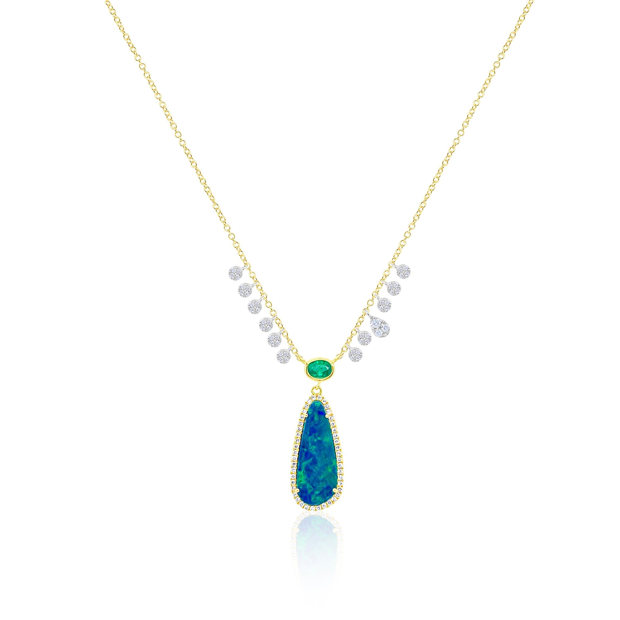 14Kt Yellow Gold Diamond Opal And Emerald Necklace With Diamonds | Yellow Gold