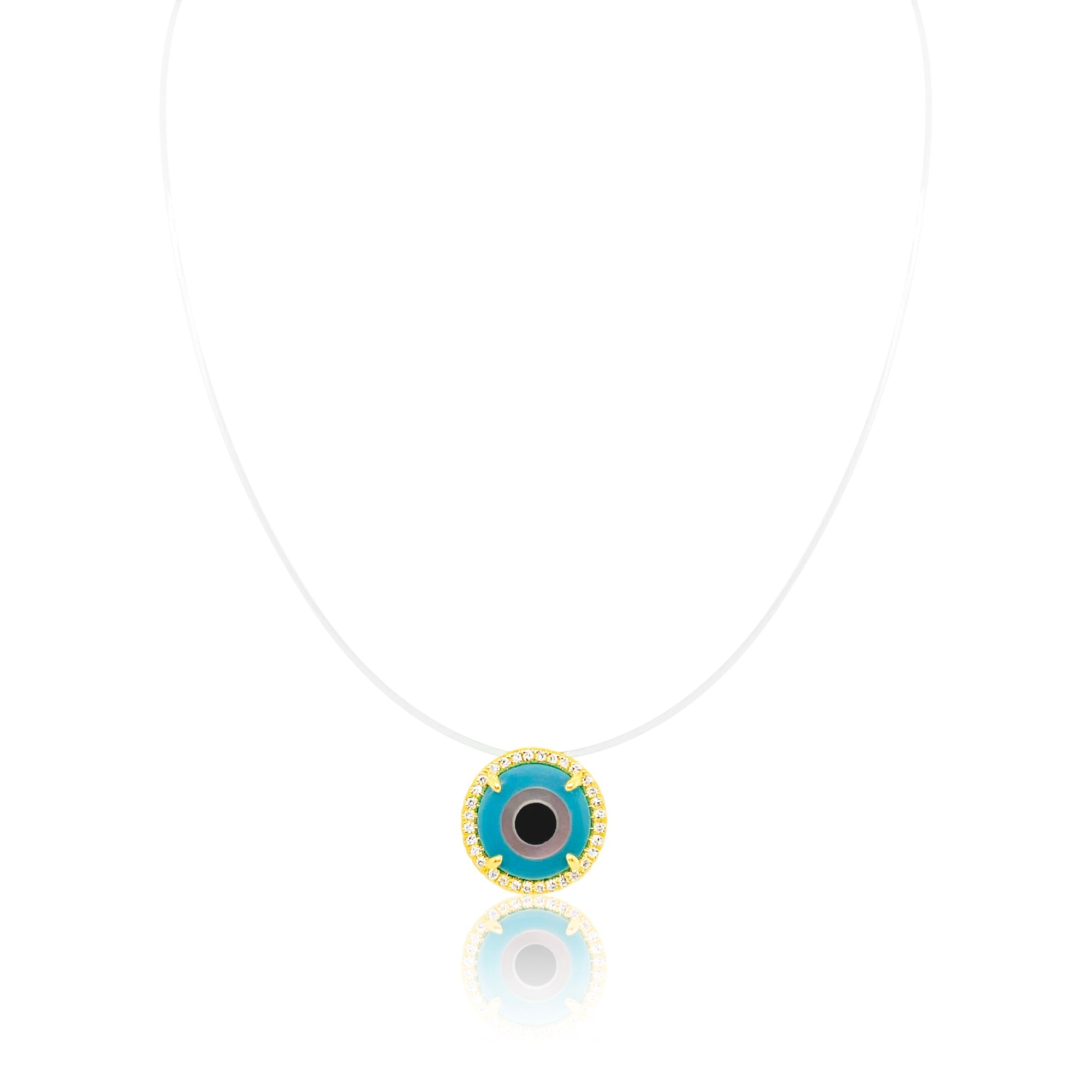Yellow Gold Clear String Diamond Bezel Turquoise Eye Necklace | Yellow Gold