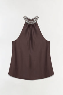 Brown satin sleeveless top with crystal embellishments around the neckline and open back detail.