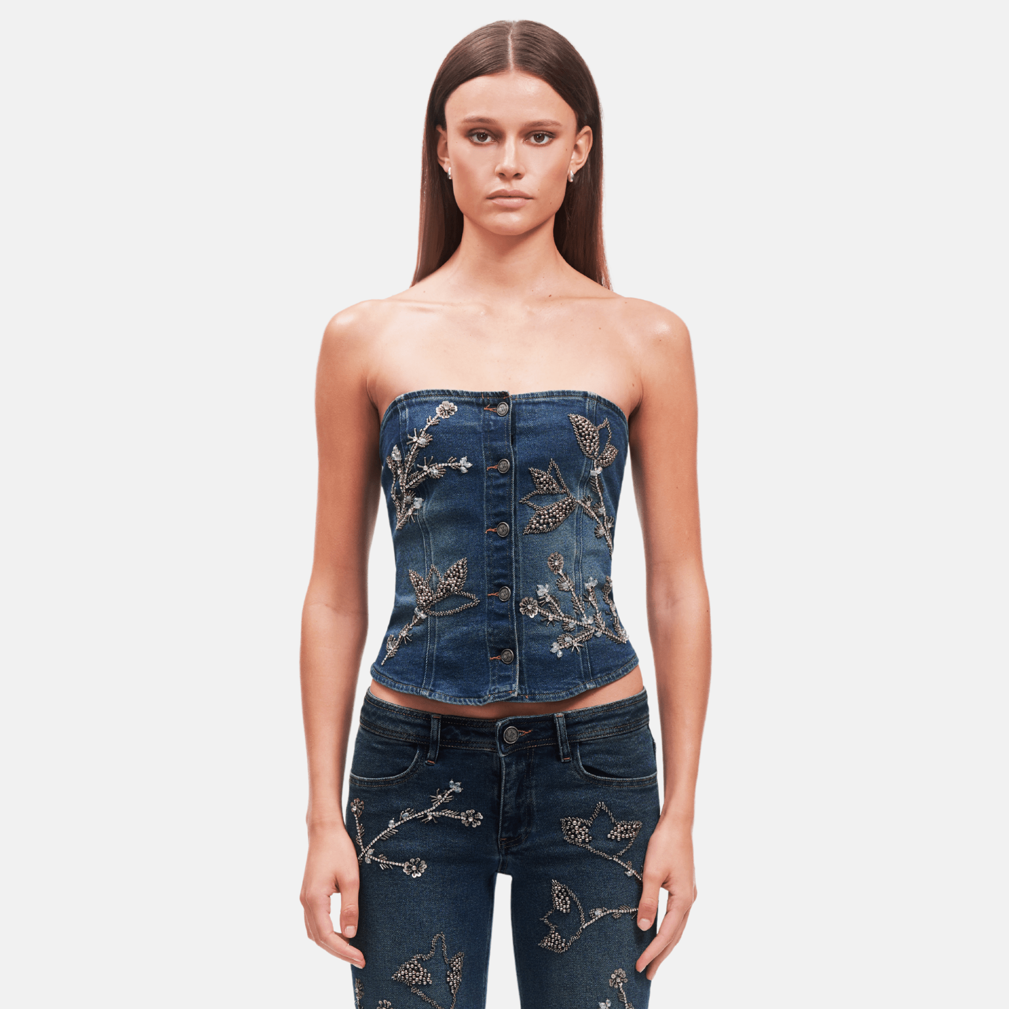 OW Collection NOVA Embellished Denim Top Top 205 - Dark Wash Denim