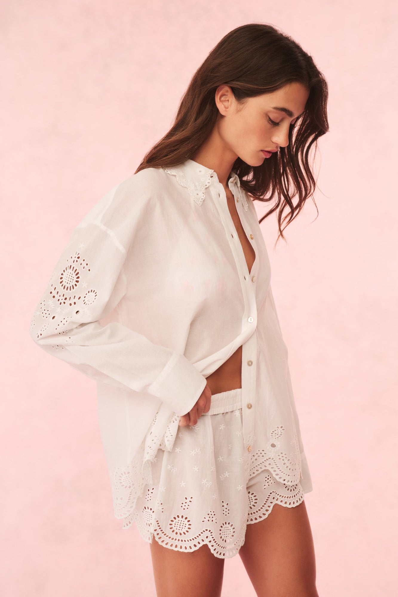 Orsay Cotton Eyelet Button Down Blouse | Optic White