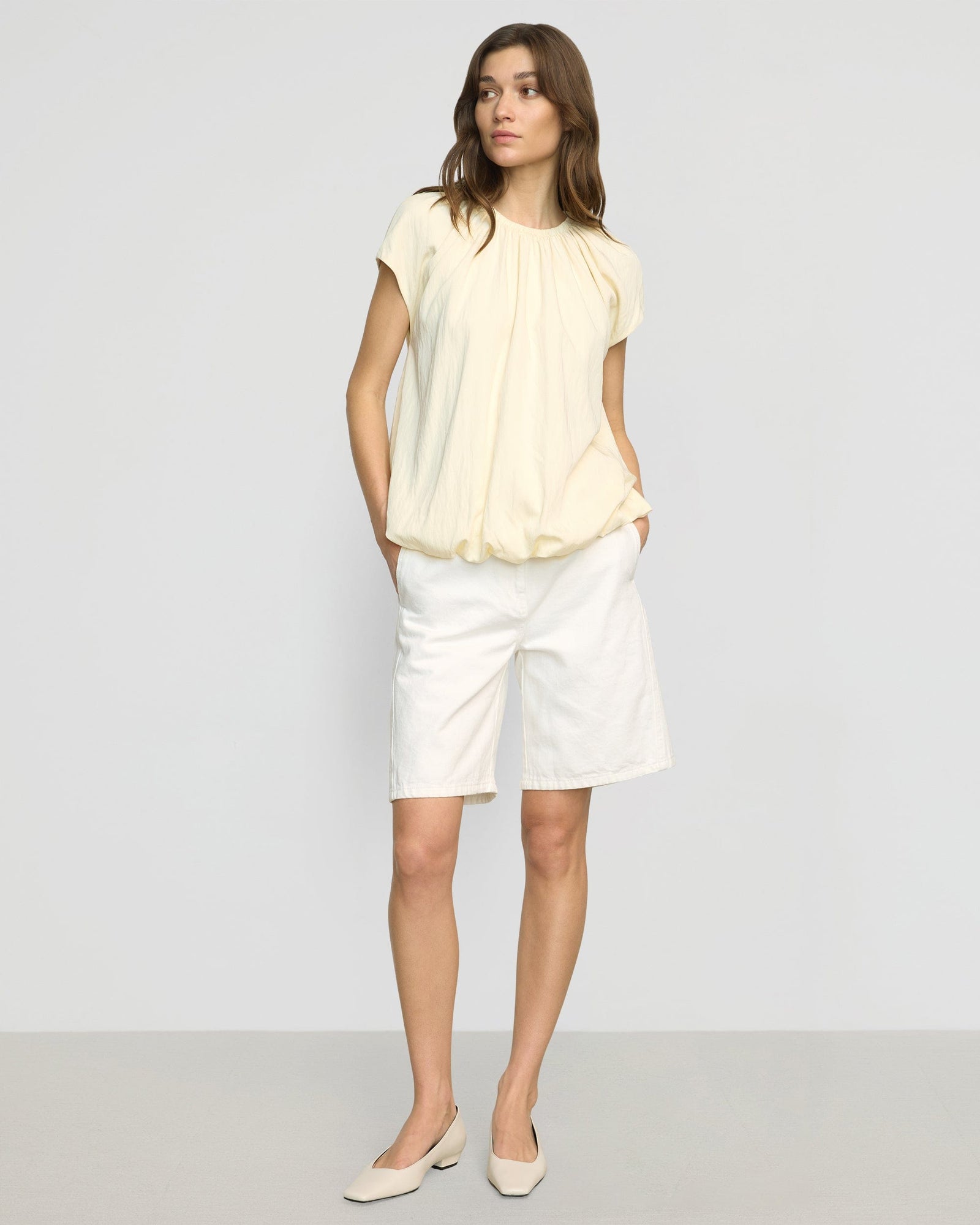 Orinda Shirred-Neck Bubble-Hem Blouse | Buttercream