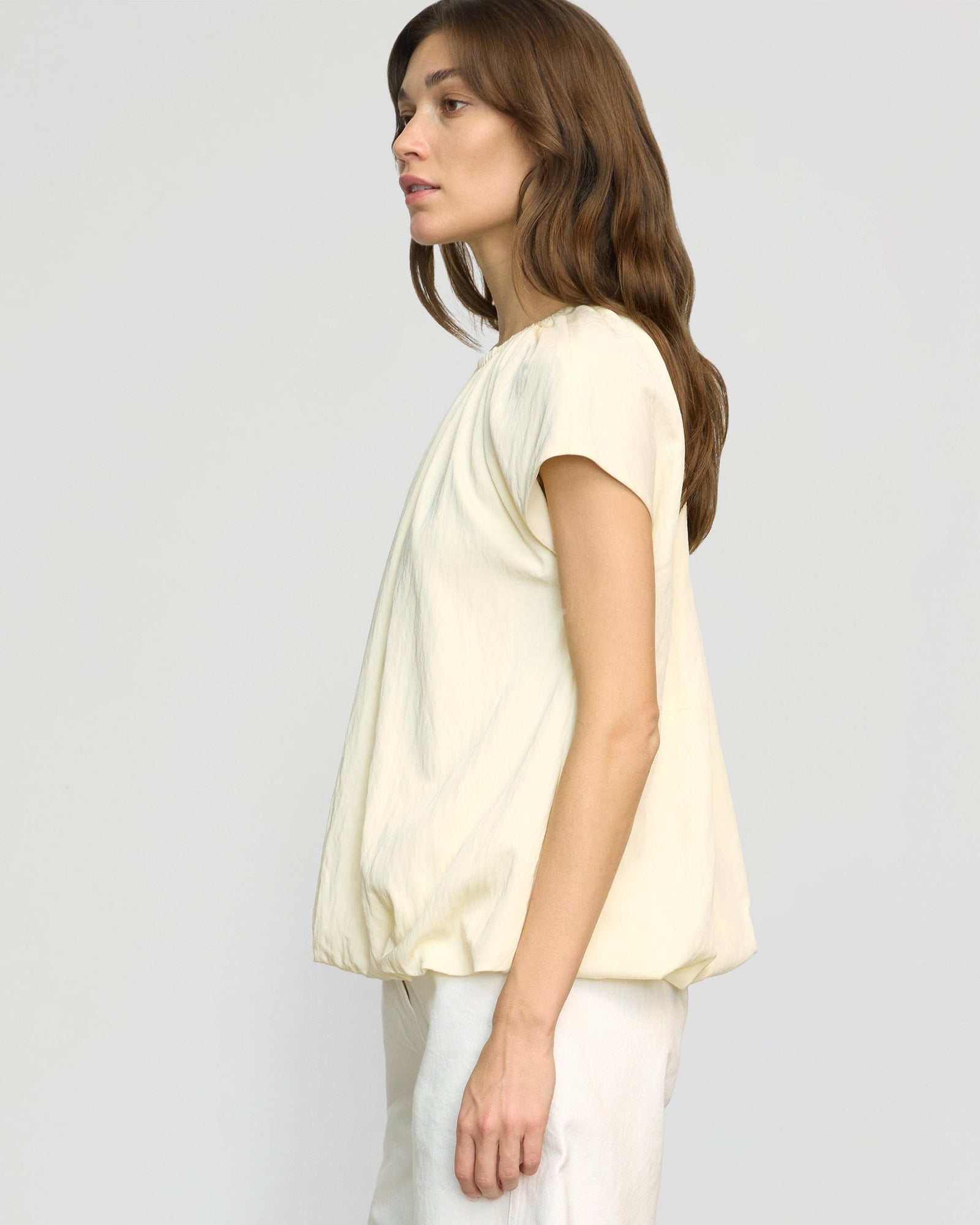 Orinda Shirred-Neck Bubble-Hem Blouse | Buttercream