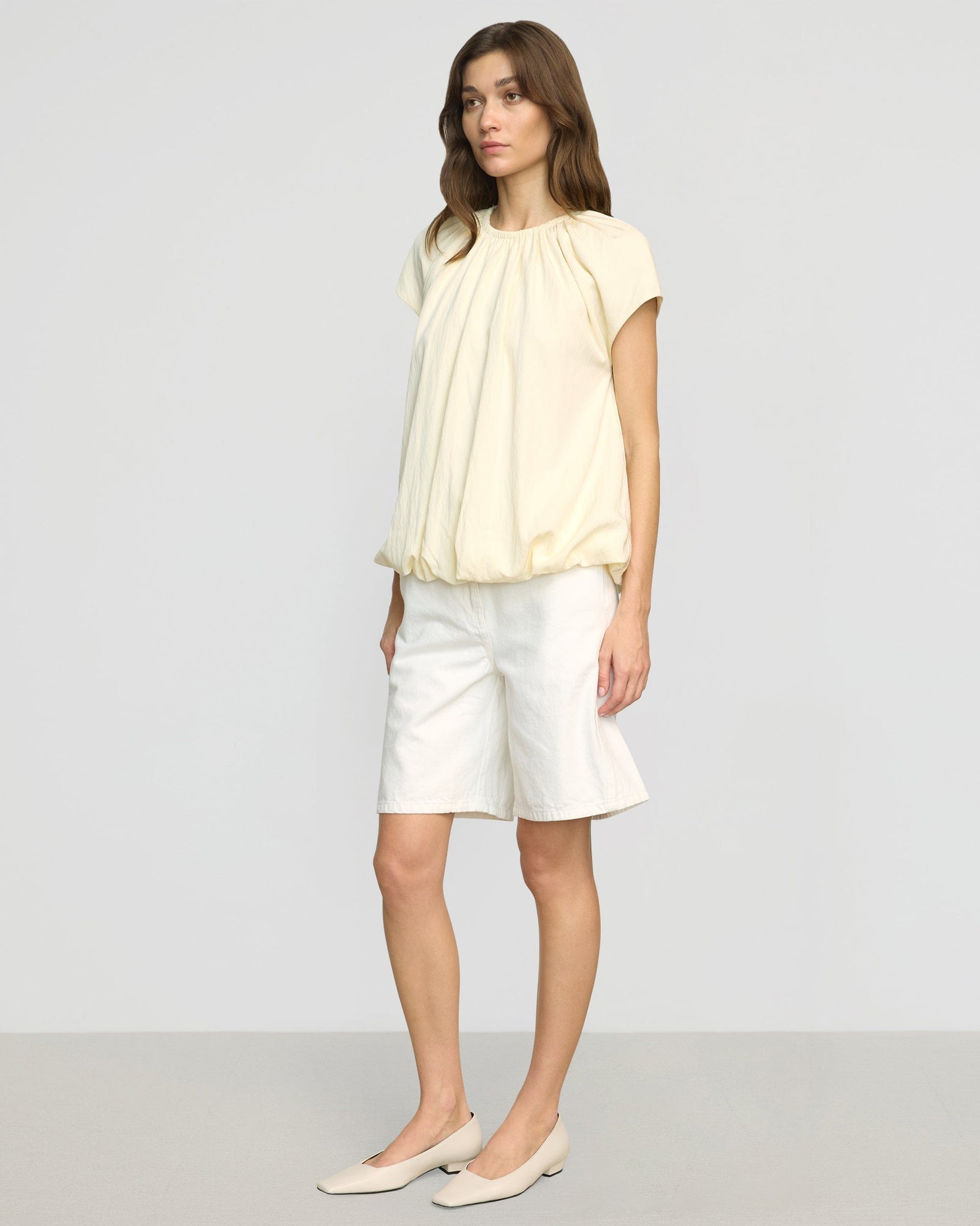 Orinda Shirred-Neck Bubble-Hem Blouse | Buttercream