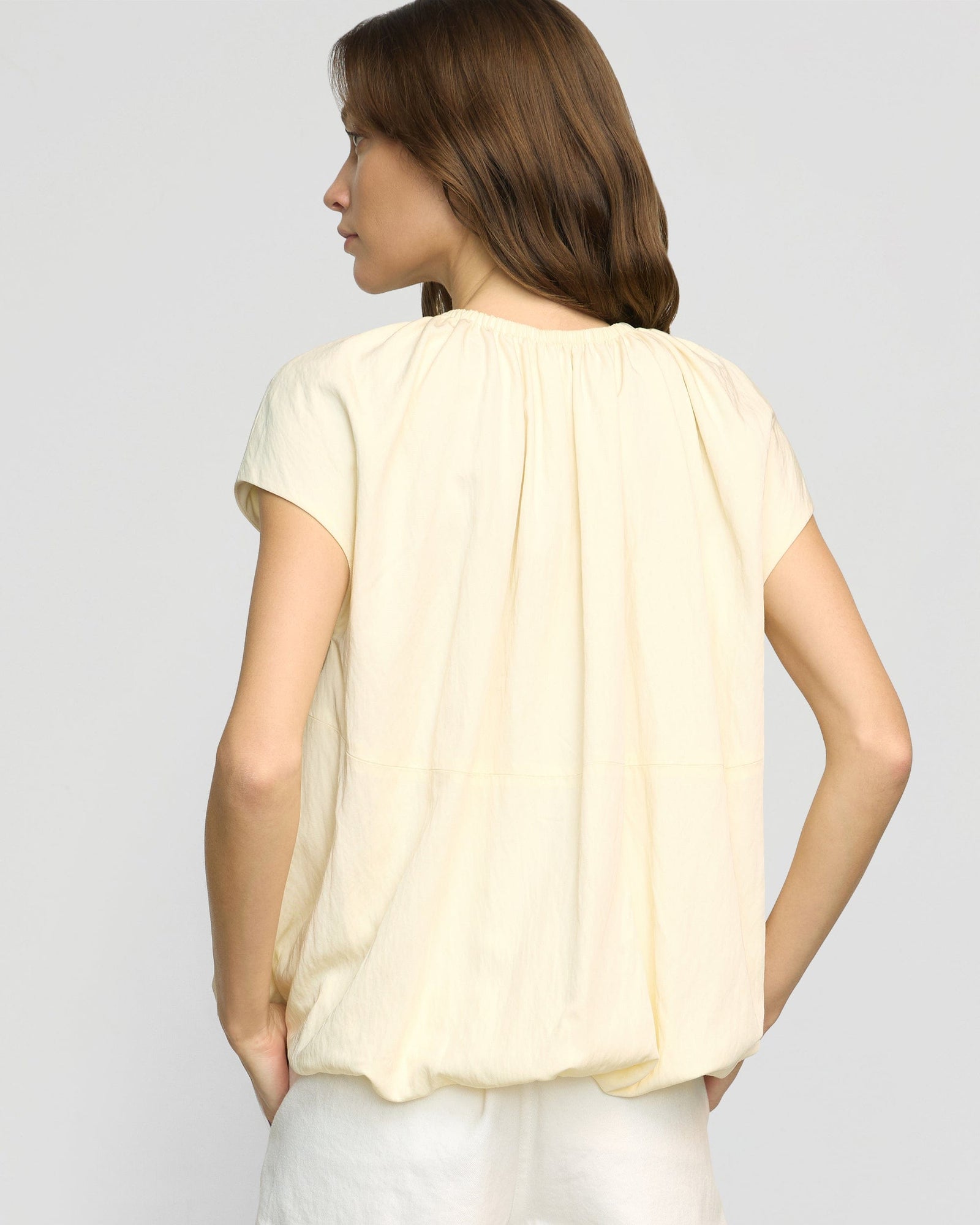 Orinda Shirred-Neck Bubble-Hem Blouse | Buttercream