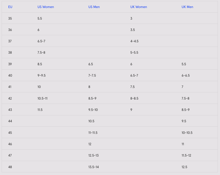 Product size guide