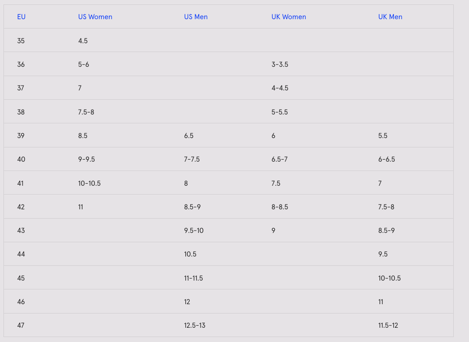 Product size guide