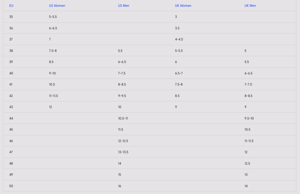 Product size guide