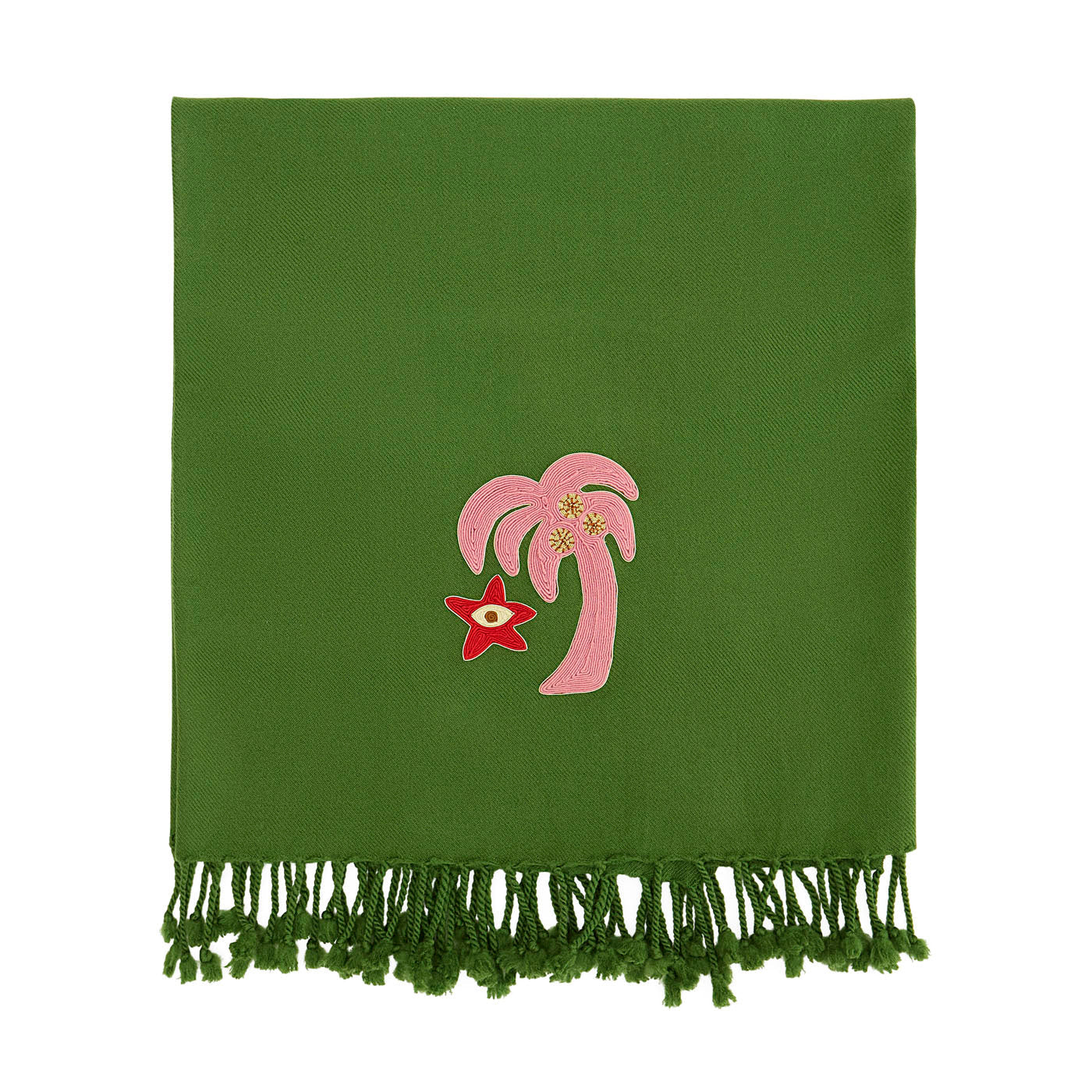 Green blanket with pink palm tree and red star design on a white background