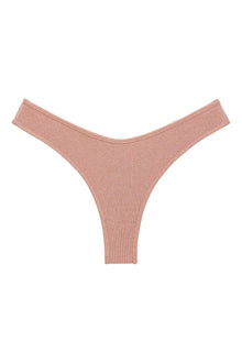 Pink ribbed bikini bottom with high-cut thong design and wide waistband.