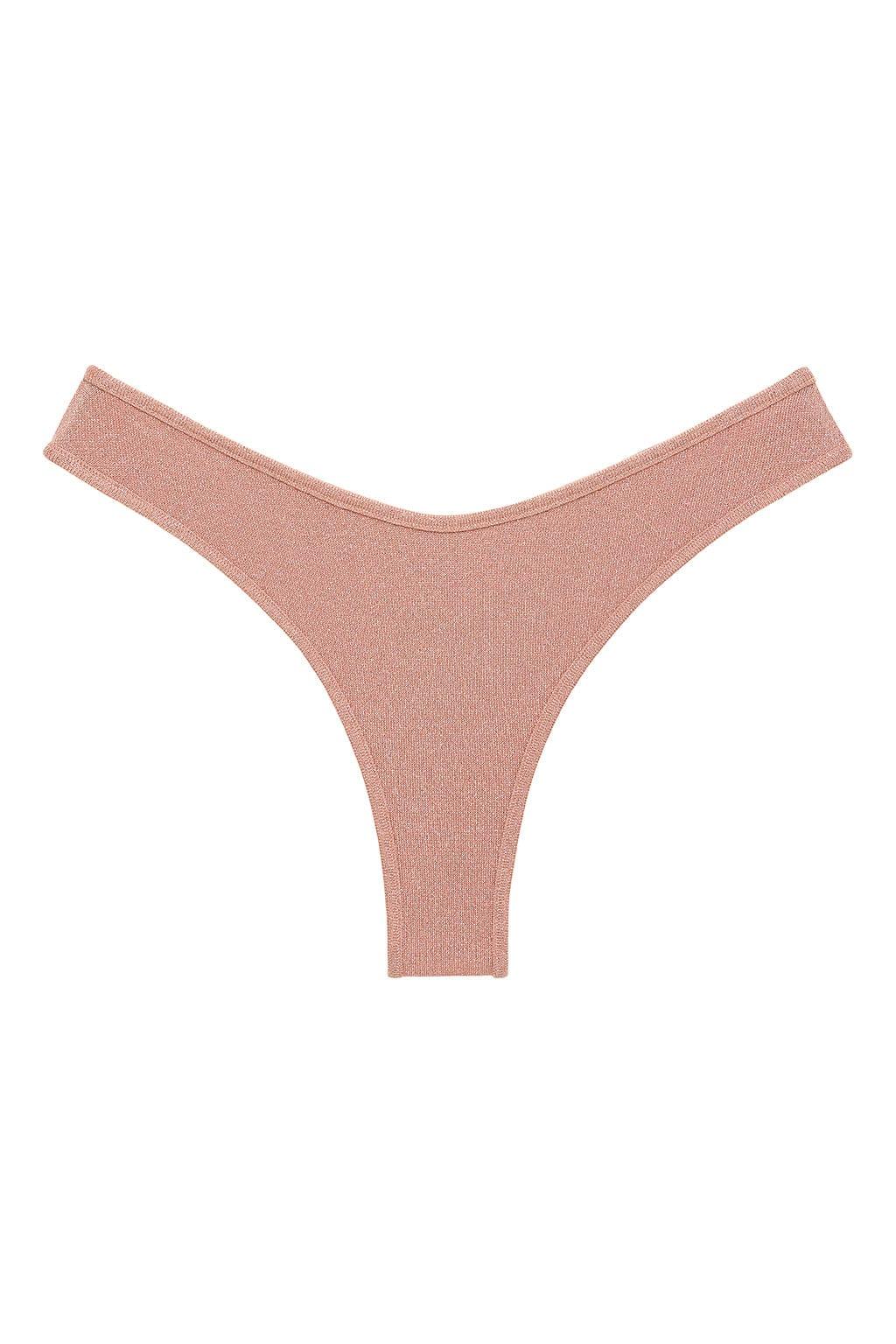 Pink ribbed bikini bottom with high-cut thong design and wide waistband.