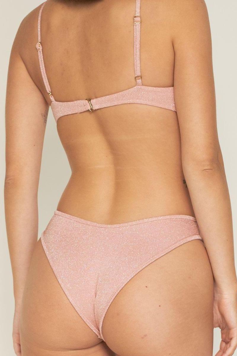 Pink sparkle bikini bottom with high-waisted cut and shimmering fabric, shown from back view.