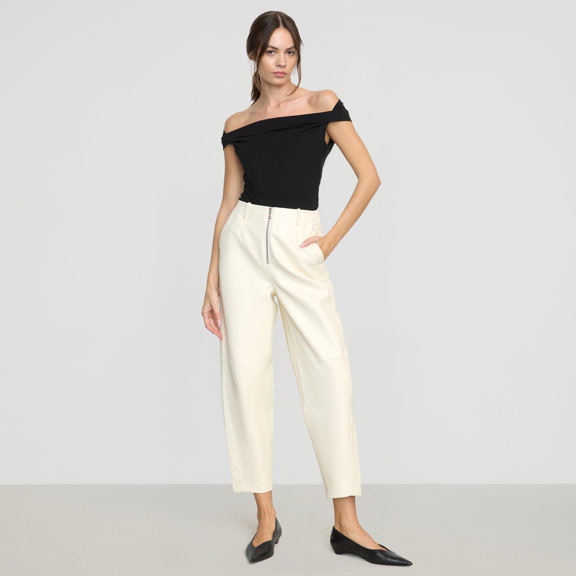 Rupa Vegan Leather Barrel-Leg Pant | Cream