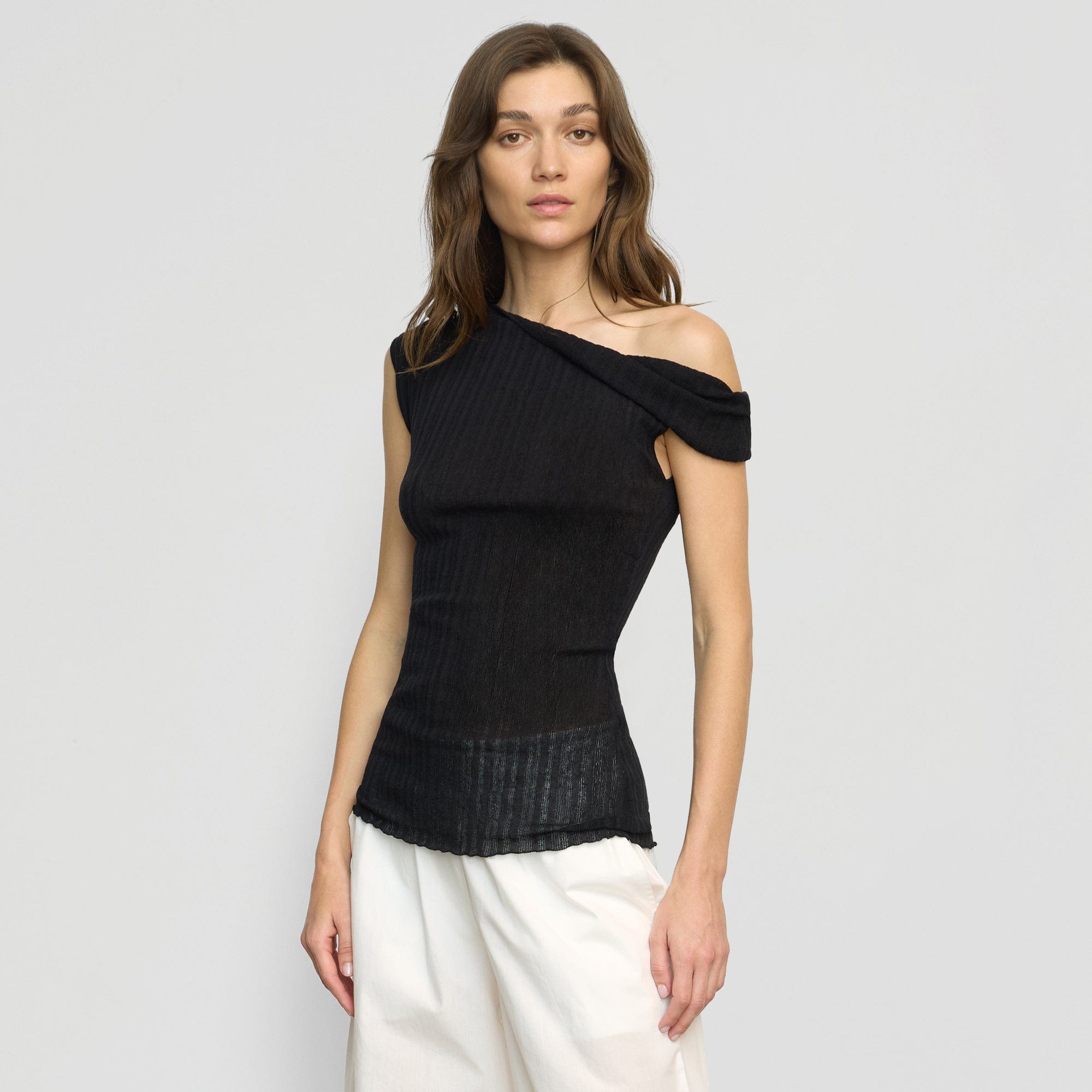 Saba Off-Shoulder Semi-Sheer Knit Top | Black