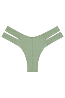 Sage green ribbed bikini bottom with cutout sides and thong-style cut.