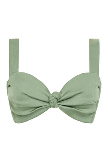 Sage green ribbed bikini top with bow knot center detail and straight shoulder straps.