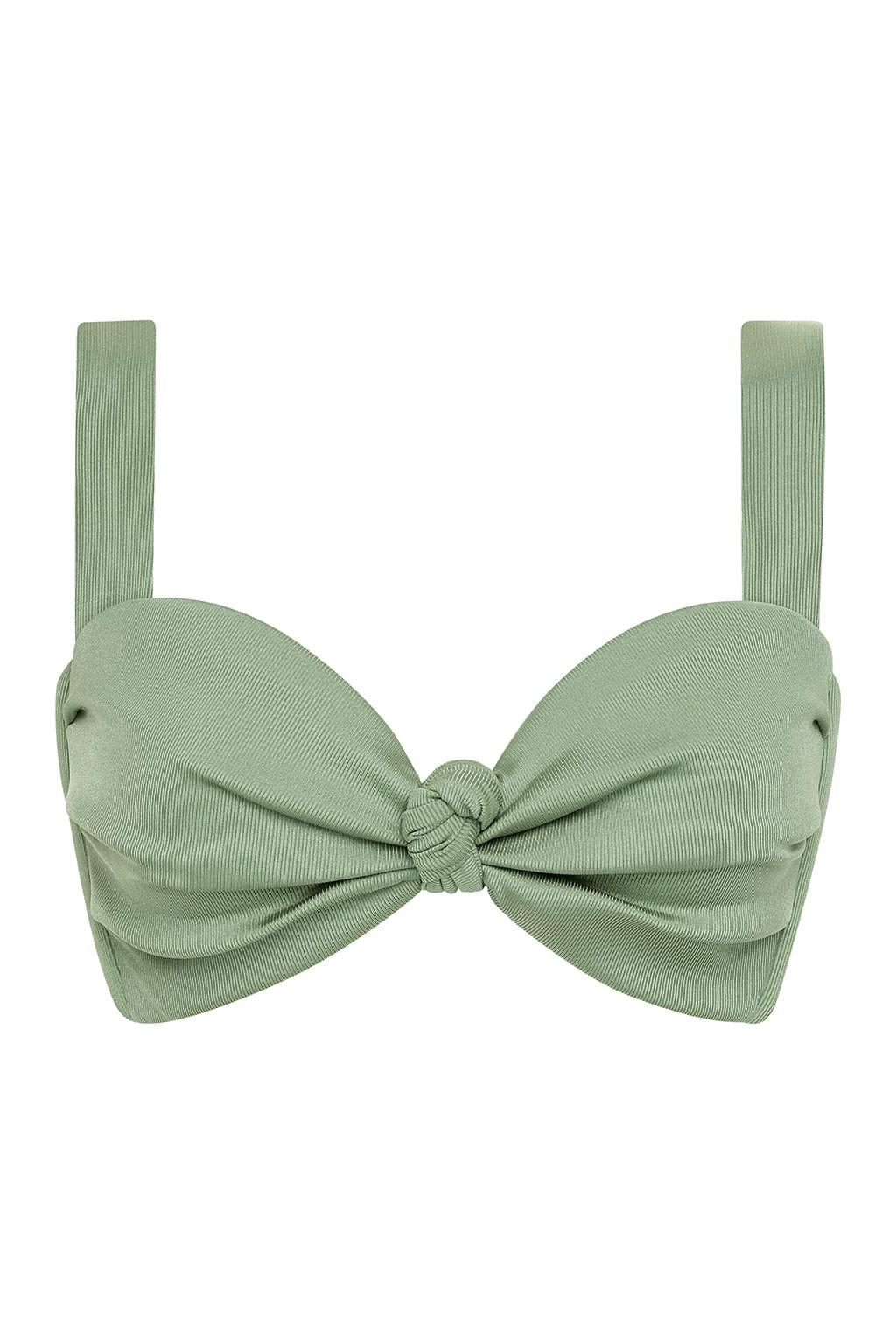Sage green ribbed bikini top with bow knot center detail and straight shoulder straps.