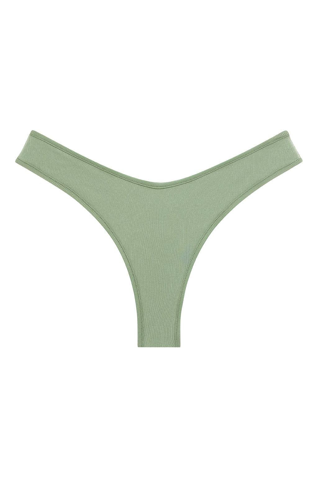 Sage green ribbed bikini bottom with high-cut sides and thong coverage.