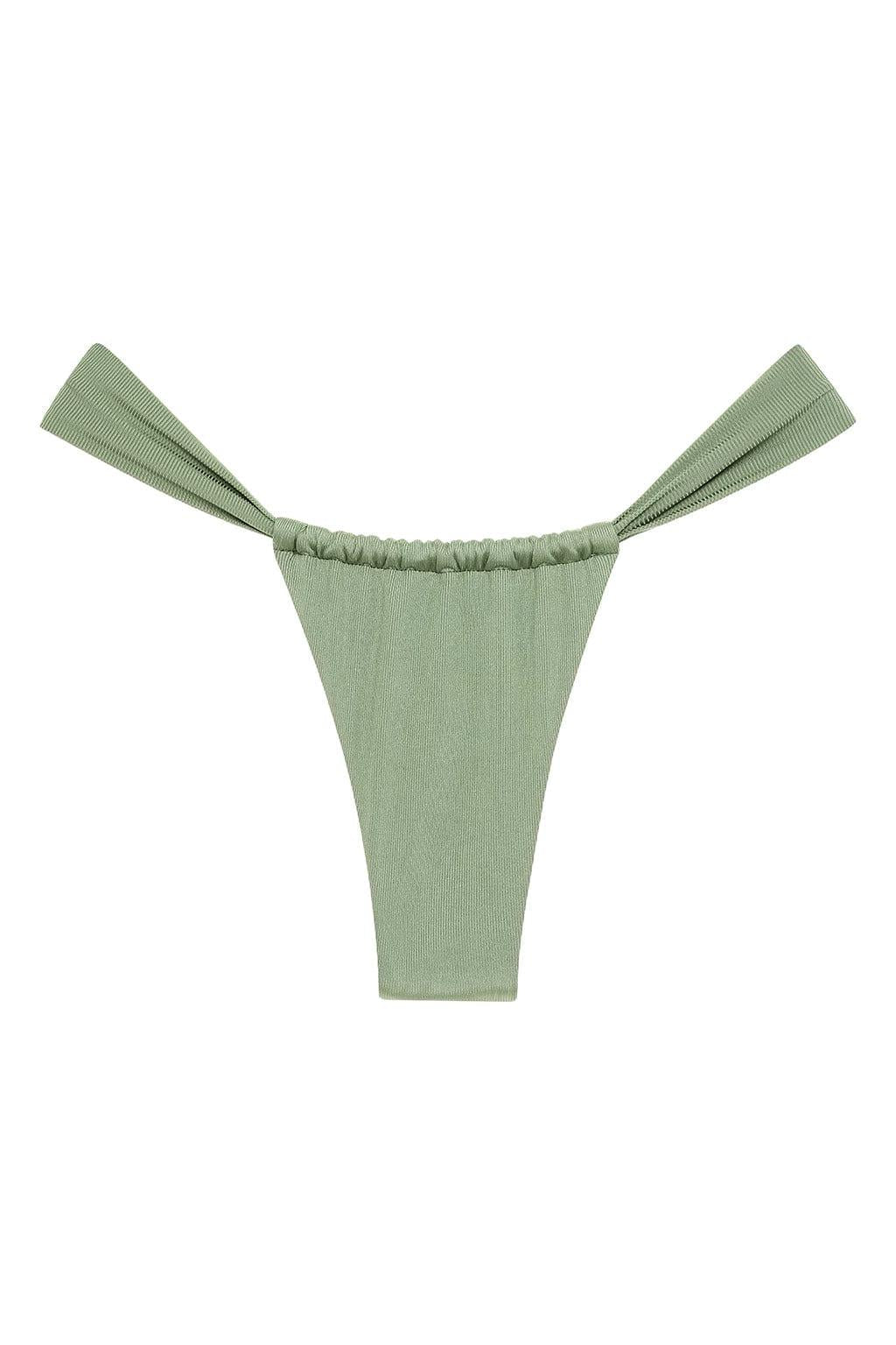 Sage green ribbed bikini bottom with ruched waistband and thin side straps.