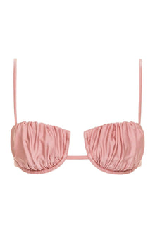 Rose pink satin bikini top with ruched cups and thin shoulder straps.