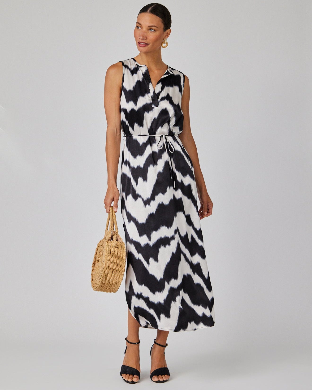 Sleeveless Belted Maxi Dress | Abstract Ikat Print