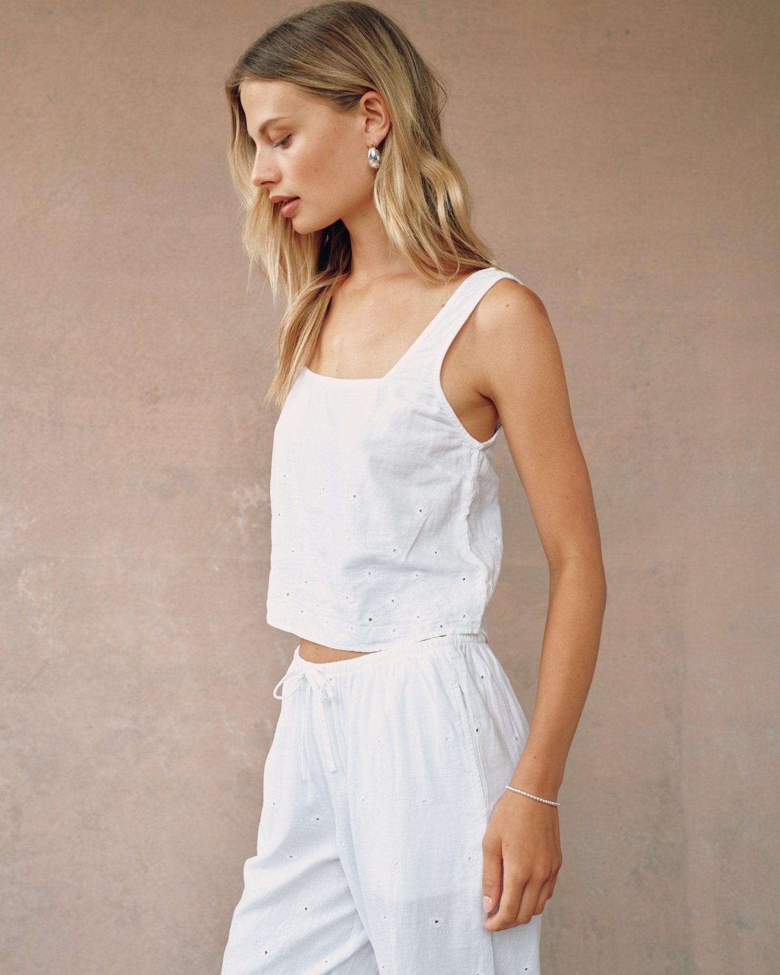 Square Neck Button Back Tank | White