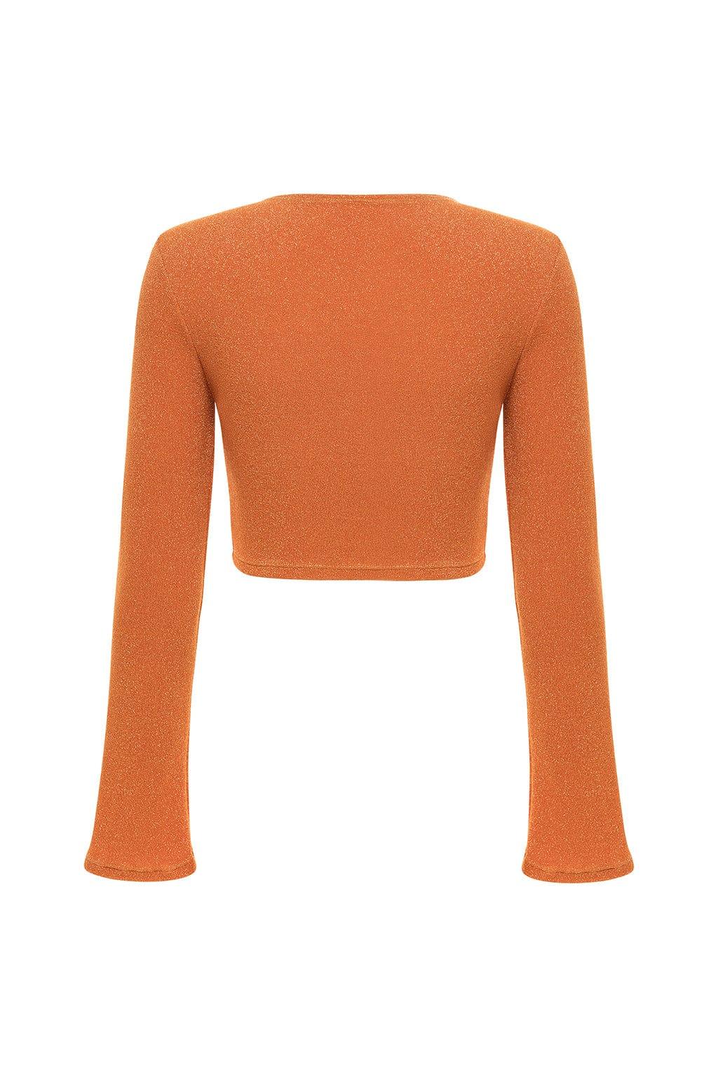 Orange sparkle knit crop top with long flared sleeves and crew neckline.