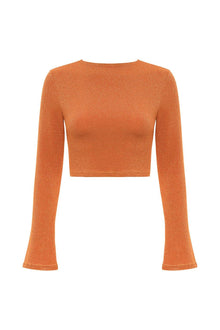 Rust orange sparkle crop top with long flared sleeves and crewneck.