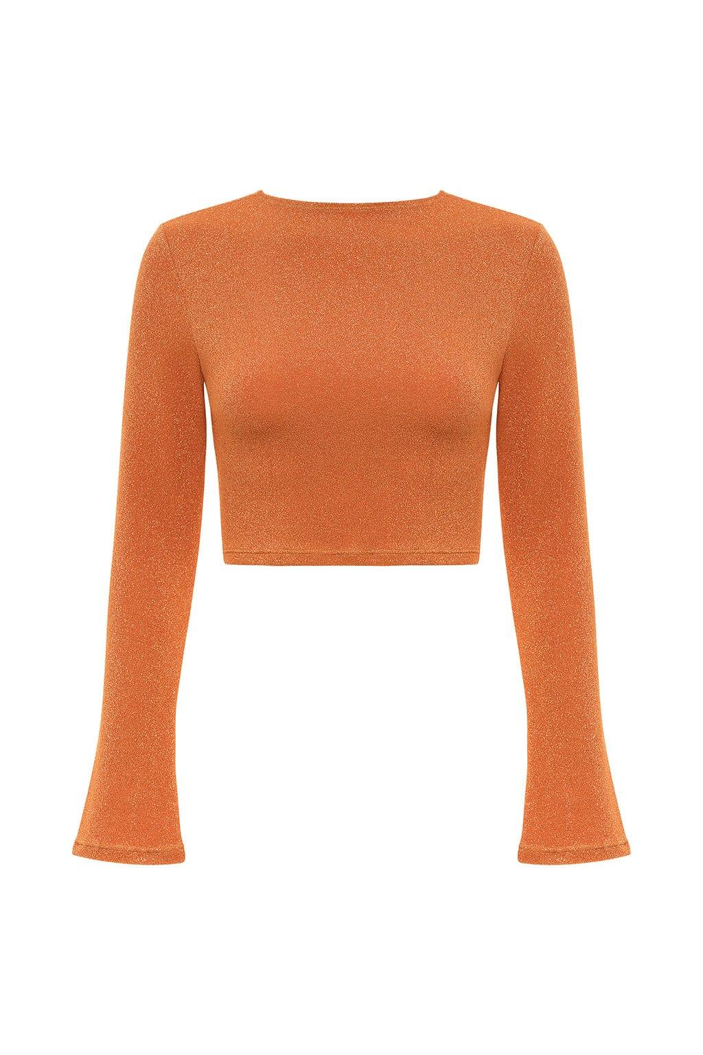Rust orange sparkle crop top with long flared sleeves and crewneck.